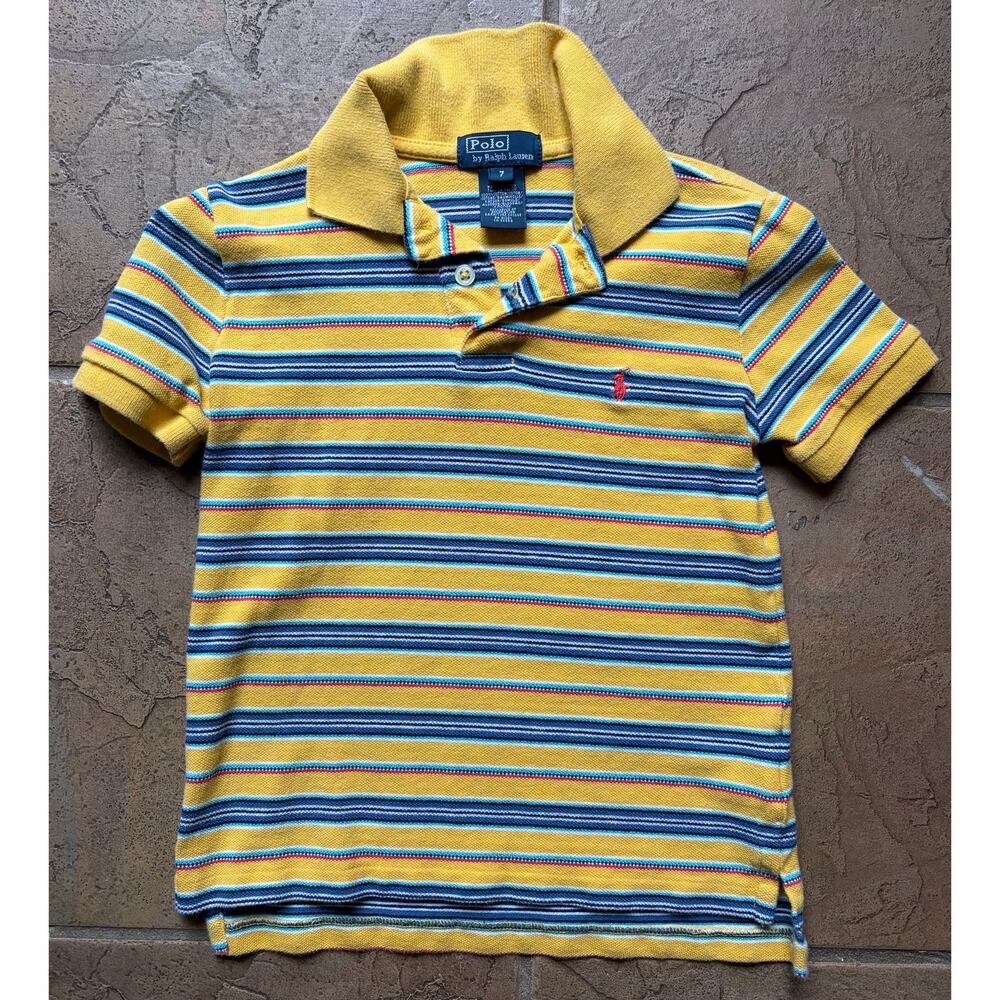 Vintage Polo Ralph Lauren Kids Striped Polo Shirt Yellow Blue Size 7